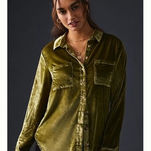 Anthropologie Pilcro Relaxed Velvet Buttondown.Moss Colored. Size Small